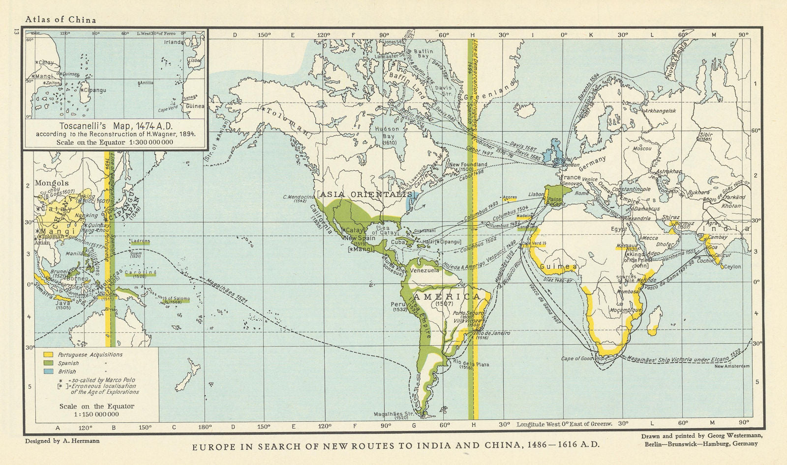 European trade routes to India & China 1486-1616. Toscanelli map 1474 1935